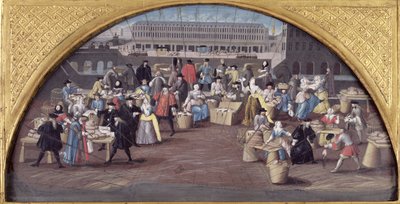 Brot- und Geflügelmarkt am Quai des Grands Augustins, Entwurf für einen Fächer, ca. 1670 von French School